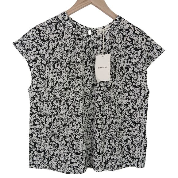Everlane SZ XXS The Gathered Neck Top Bone/Black Mini Floral NWT - Picture 2 of 4